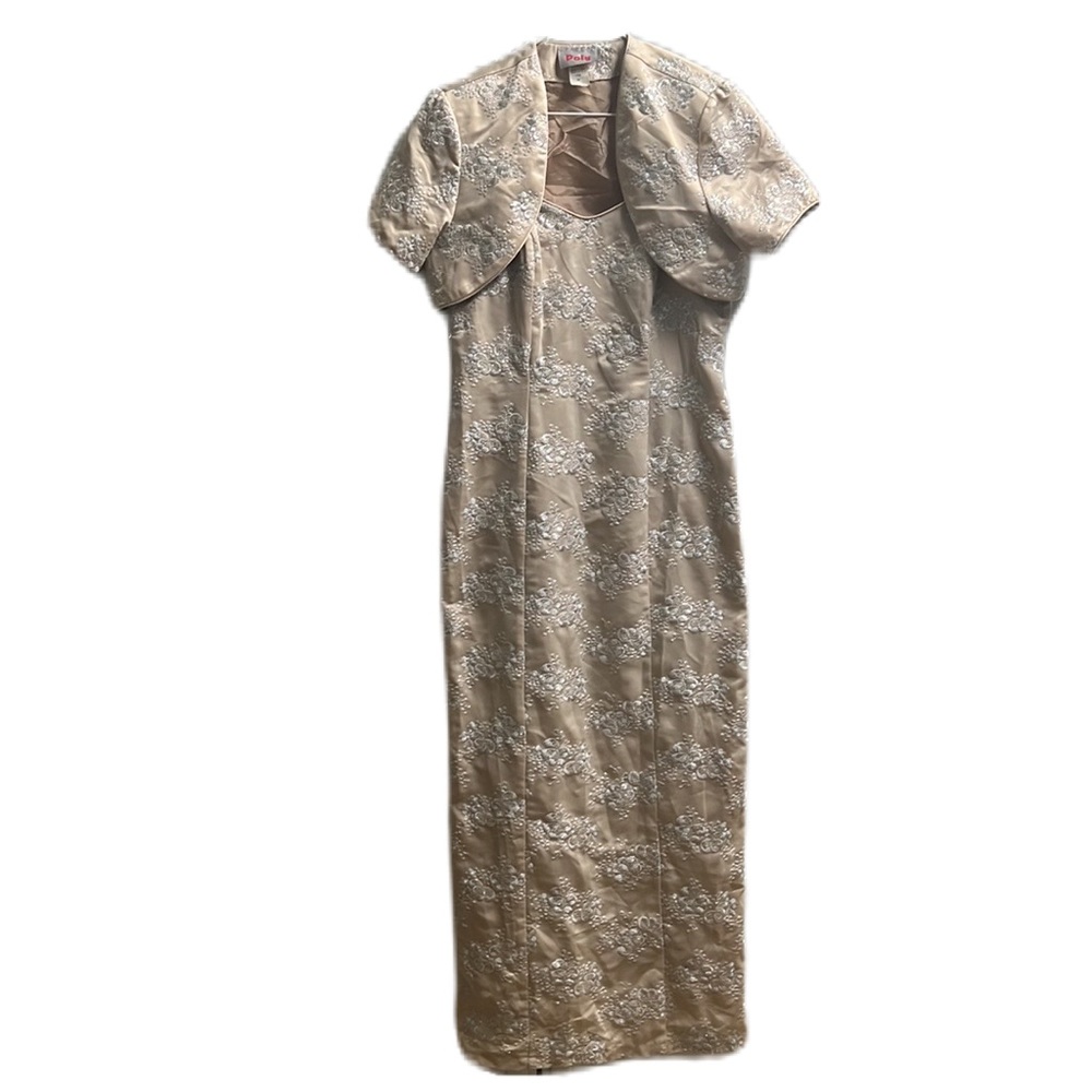 Poly, Formal, Wedding, Small Cardigan attached, Long Dress, beige/silver, M